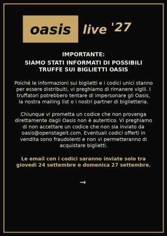Gli Oasis avvertono attenzione alle truffe